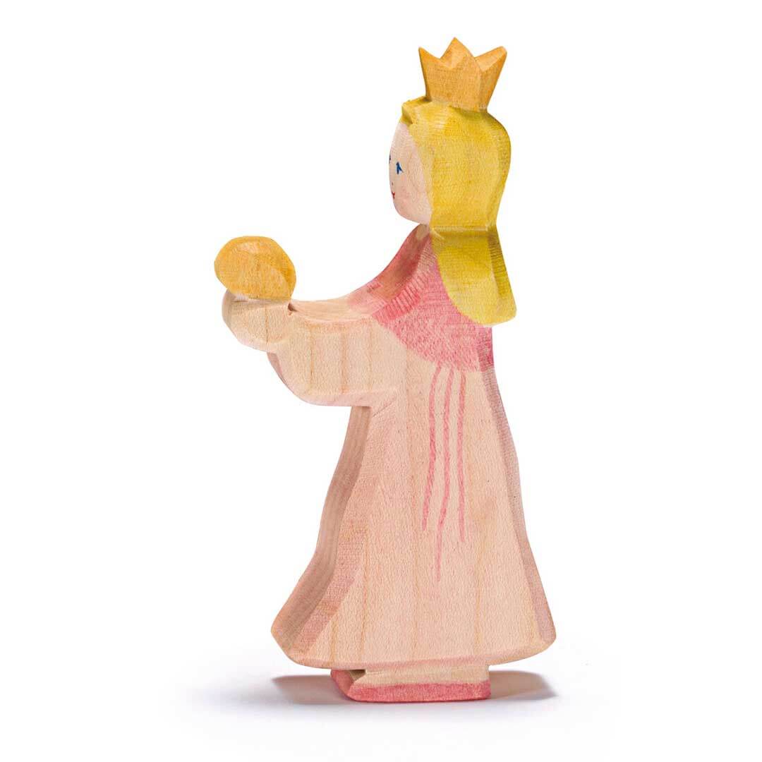 Ostheimer Wooden Figure Princess for Frog Prince with 2 tone pink dress, 4 point gold crown, long blonde hair