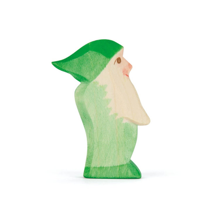 Side view of the green Ostheimer wooden dwarf figure.