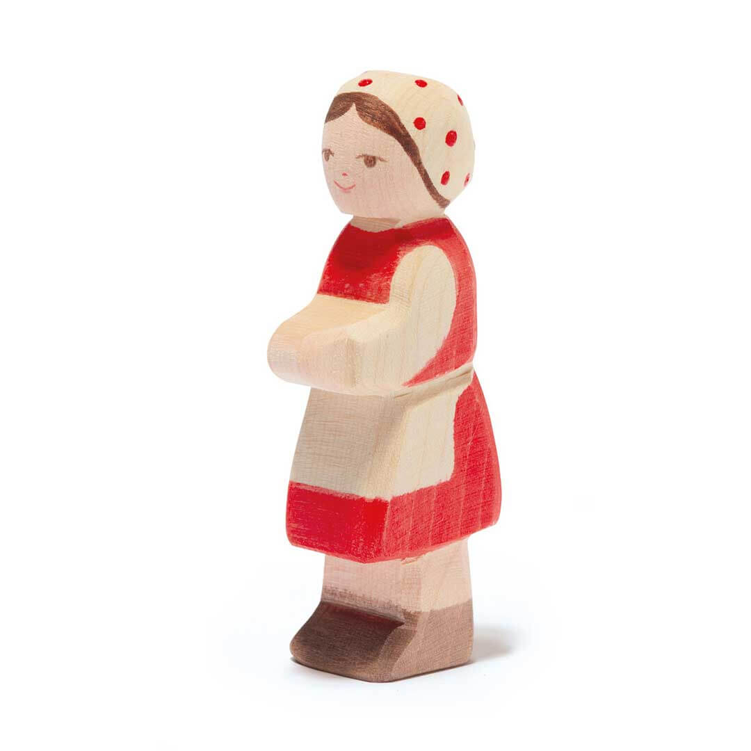 Ostheimer Wooden Figure Heidi with natural wood bonnet and red/natural dress and brown hair