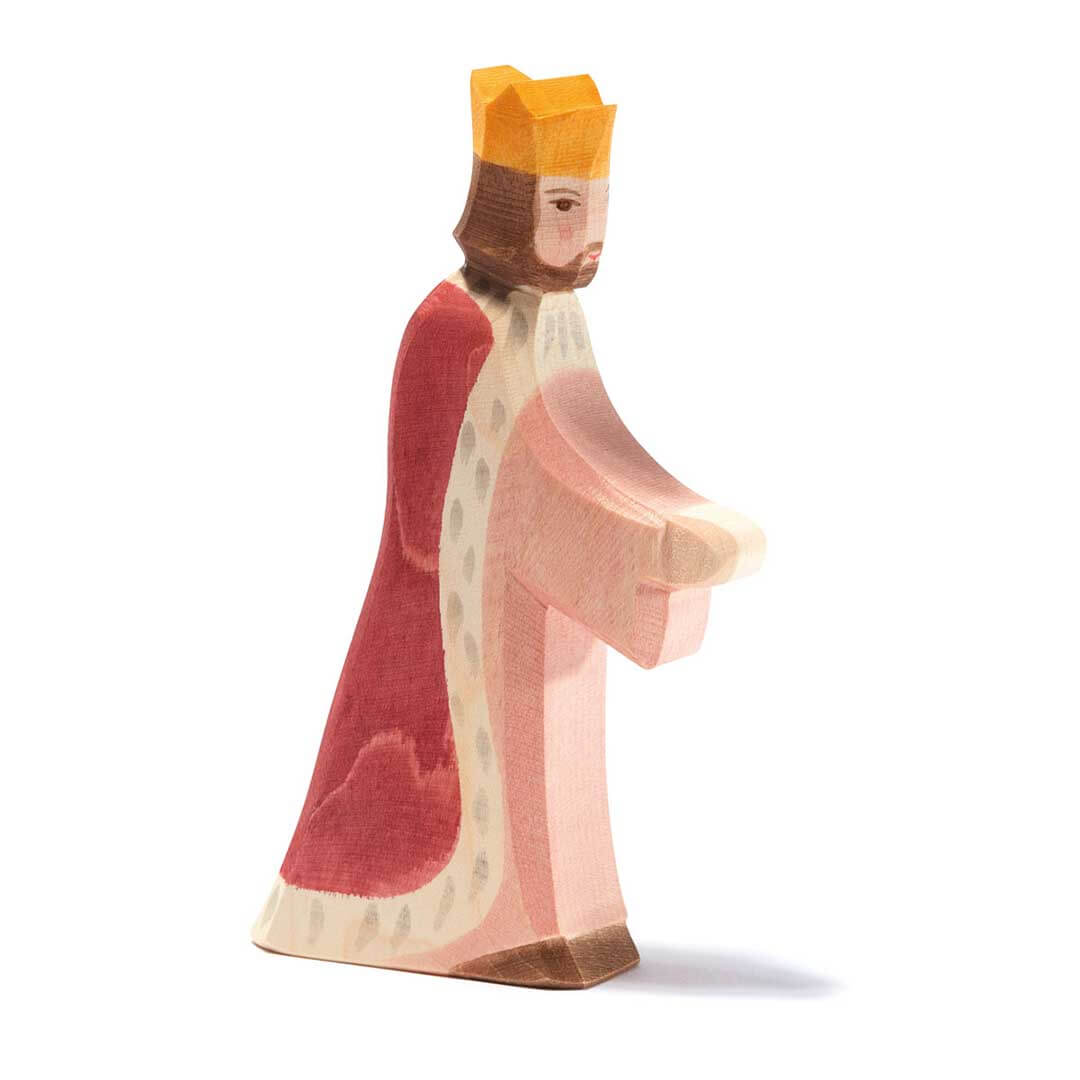 Ostheimer Wooden Figure King with gold crown, red and white cloak, brown hair with beard, and pink dress