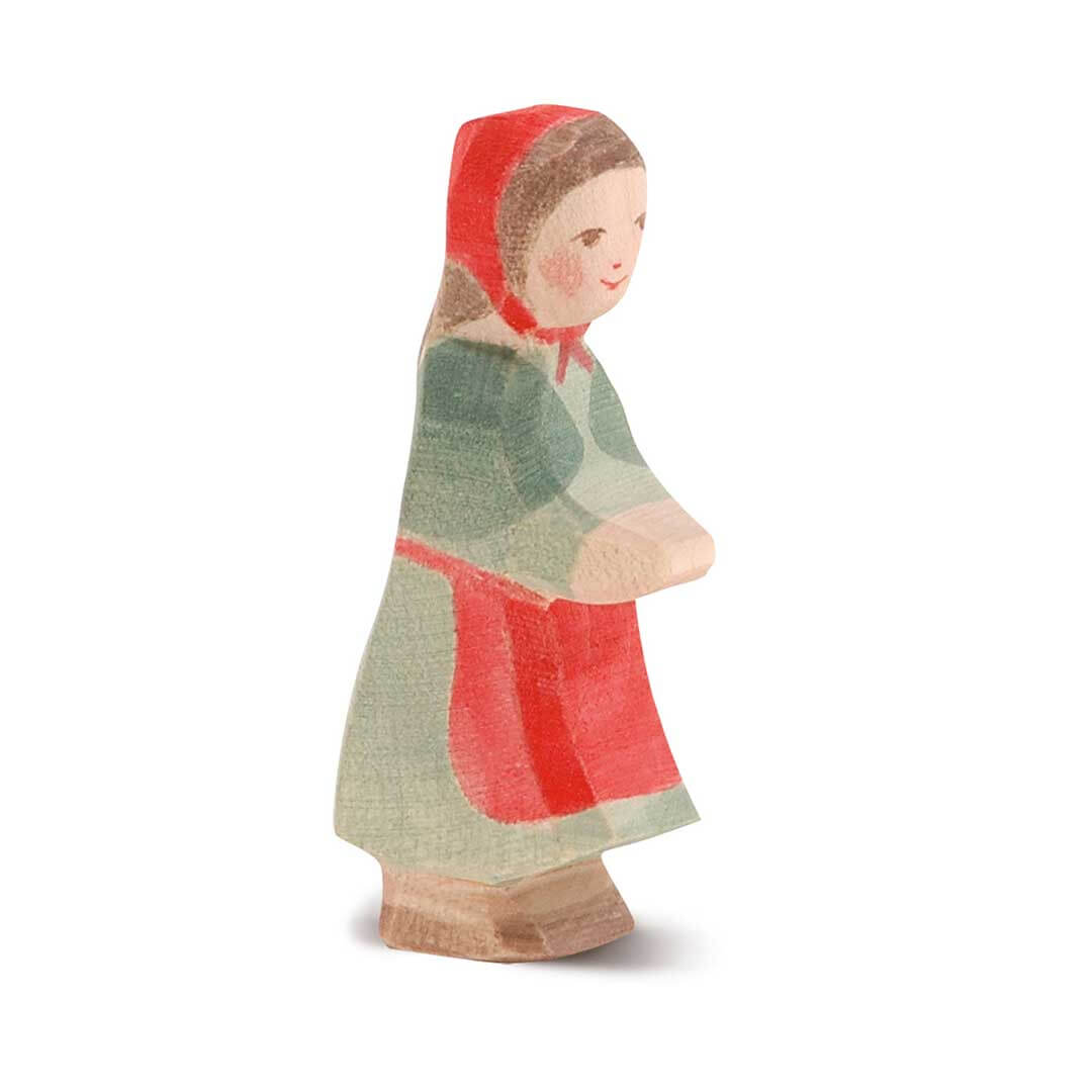 Ostheimer Wooden Figure Little Red Riding Hood with red hood, long brown hair, 2 tone green dress, red apron