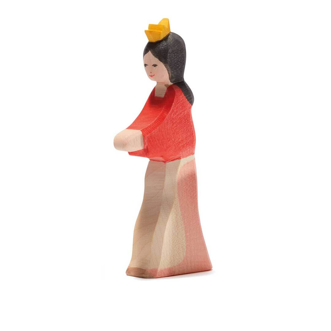 Ostheimer Wooden Figure Snow White with red top, natural and pink skirt, and 3 point gold crown