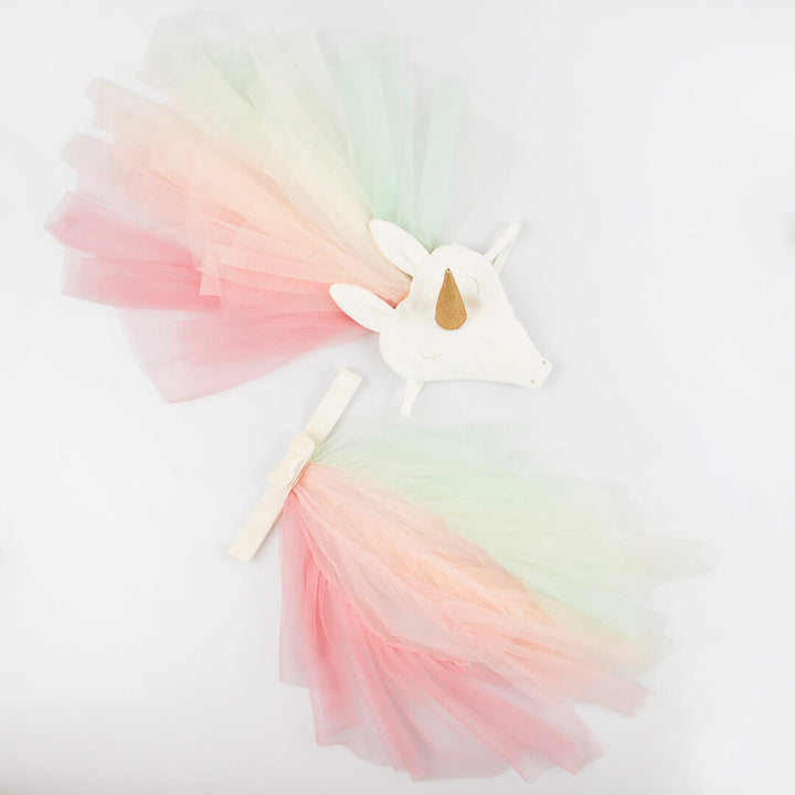 2 Piece Rainbow Unicorn Costume with the tulle maine and tail spread out