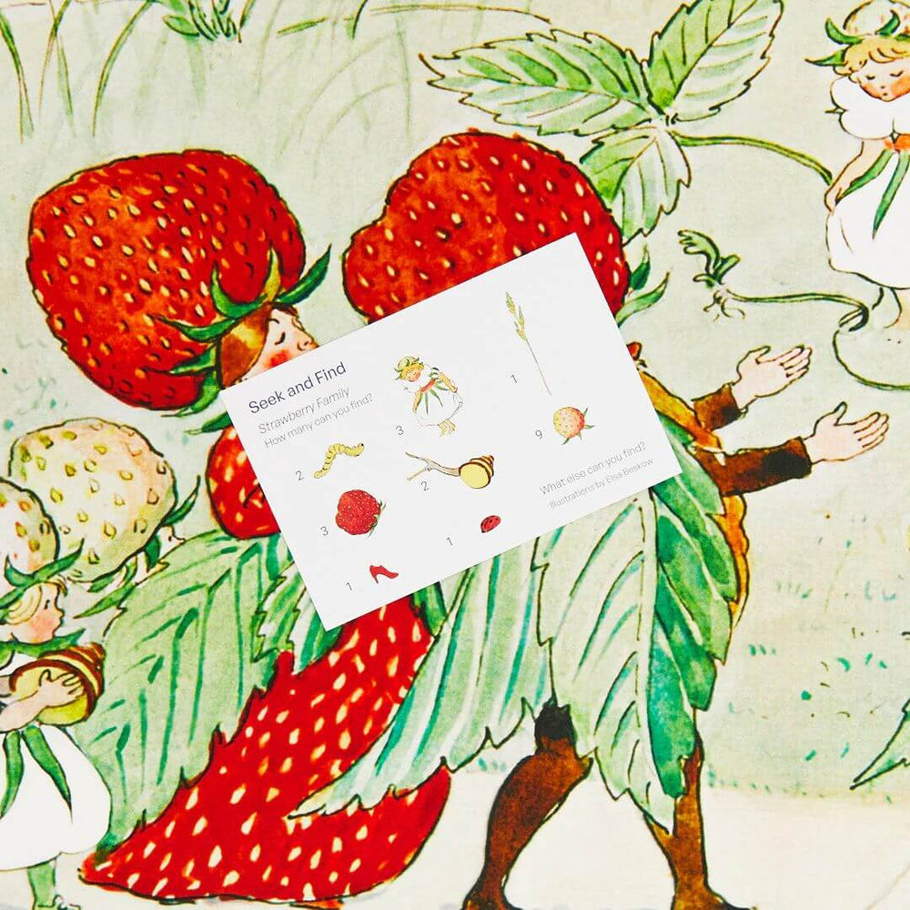 Seek and Find card that come with the Elsa Beskow Strawberry Seek and Find Playsilk from Sarah's Silks.