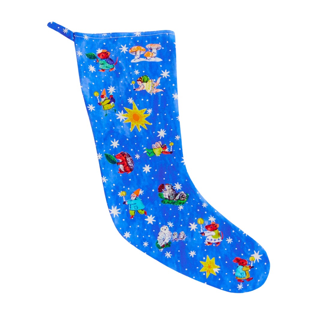 A blue silk stocking with a stary advent illustration by Phoebe Wahl, created by Sarah's Silks.