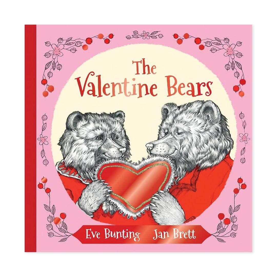 The Valentine Bears book cover with two sketched bears smiling at each other and holding a red heart valentine