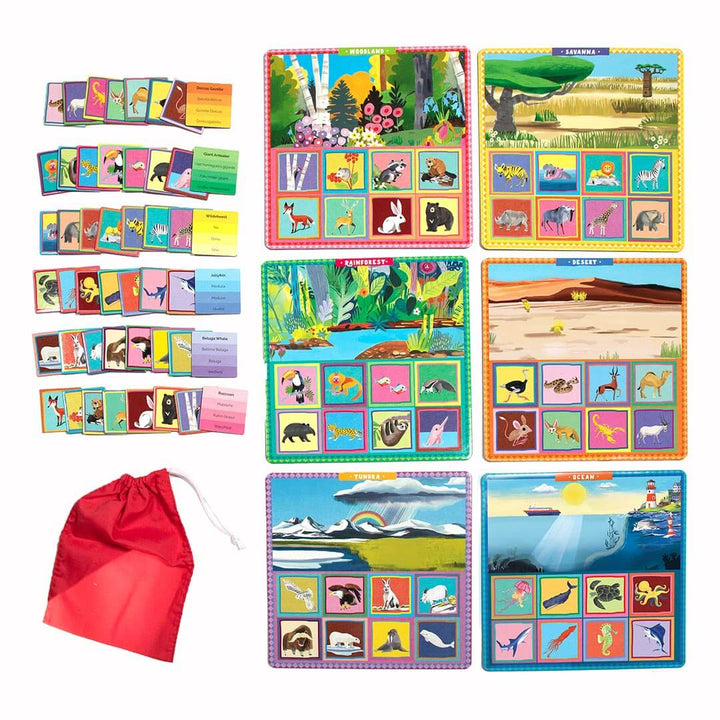 Where Do I Live? Bingo includes 6 illustrated game boards, 48 illustrated playing tiles, and 1 drawstring bag