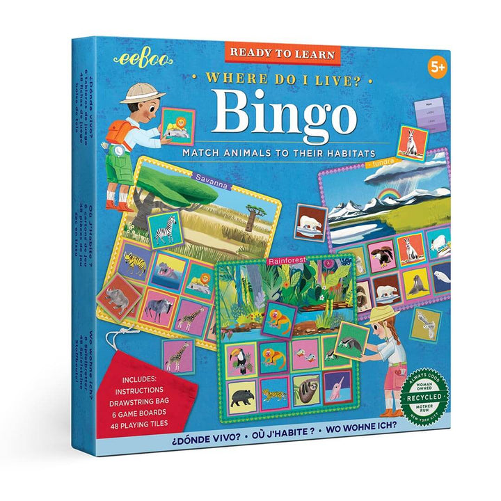 Where Do I Live? Bingo - Match Animals to their Habitats - includes instructions, drawstring bag, 6 game boards, 48 playing tiles