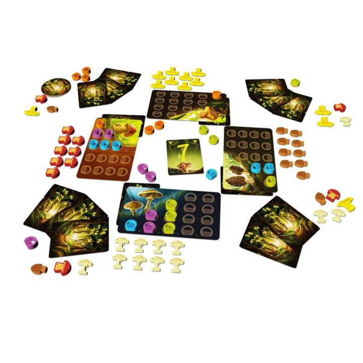 Wonder Woods game box contents - includes 35 Wooden Baskets 56 Wooden Mushrooms 1 First Player Token 4 Mushroom Patch Boards 16 Information Cards Illustrated Rules